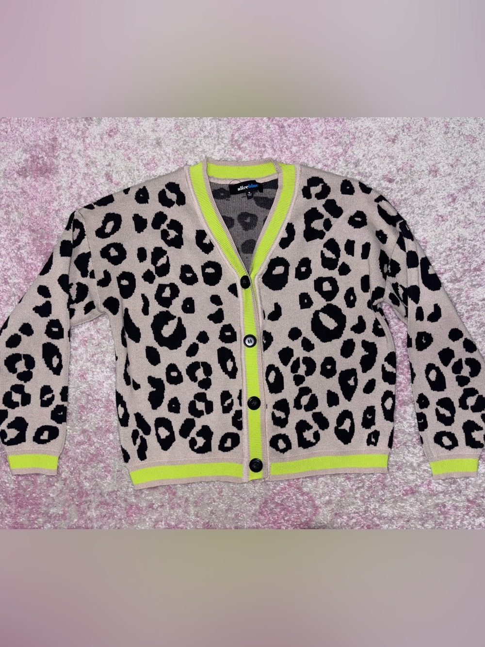 Alice Blue Beige Leopard-Print Cardigan with Neon Yellow Trim